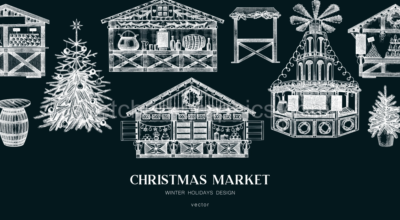 Christmas market background. Hand drawn vector illustration. European holiday marketplace banner on chalkboard. Christmas tree, candy shop, fast food, bakery, mulled wine sketches. Architecture design Illustration